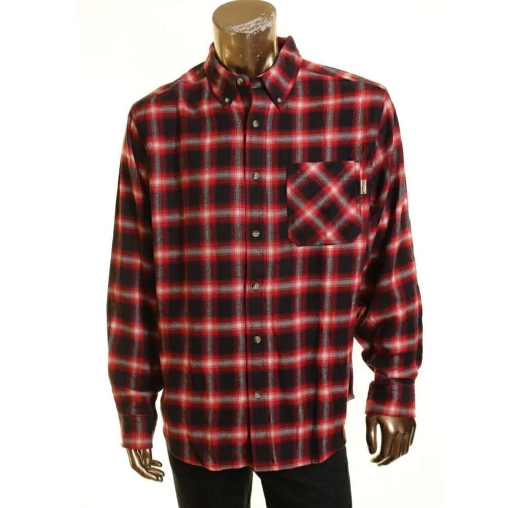 WOOLRICH-Men's Red & Black Plaid Flannel Cotton Button-Front Shirt, Size Medium